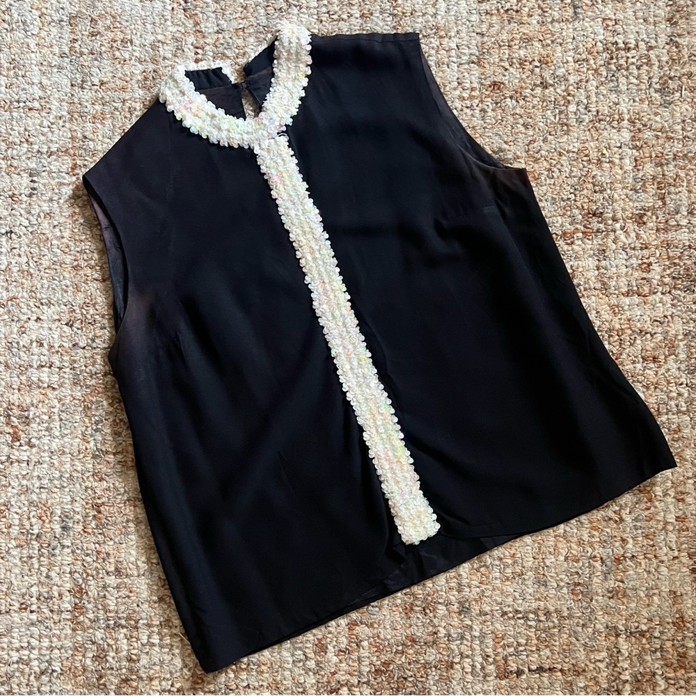 MCM MOD 50’s 60’s Elegant Black Sleeveless Top with Sequins Trim Detailing